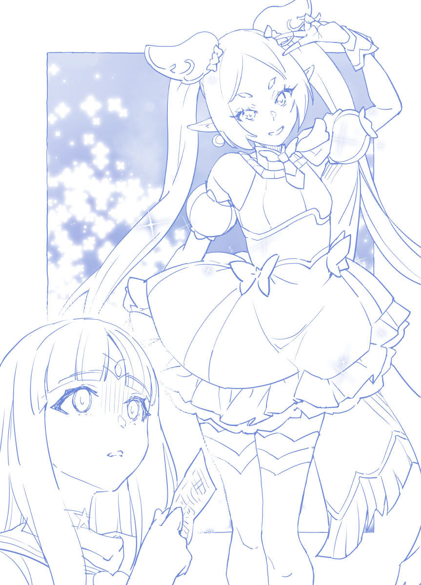 2girls arm_up blue_theme brooch cape choker commentary cosplay cure_sky cure_sky_(cosplay) detached_sleeves dress earrings elf fern_(sousou_no_frieren) fingerless_gloves frieren frilled_dress frills fringe_trim gloom_(expression) gloves hair_ornament highres hirogaru_sky!_precure jewelry long_hair looking_at_viewer miyagoe_yoshitsuki monochrome multiple_girls open_mouth pointy_ears precure puffy_detached_sleeves puffy_sleeves sailor_senshi_uniform short_dress single_earring sleeveless sleeveless_dress smile sousou_no_frieren sparkle standing star_(symbol) star_choker textless_version thighhighs tiara twintails v wing_brooch wing_hair_ornament
