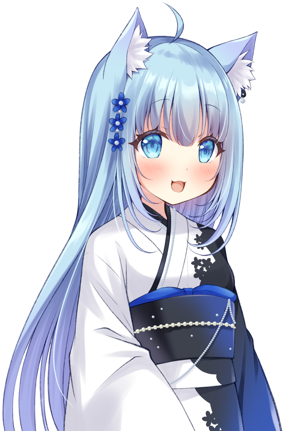 1girl :3 ahoge animal_ear_piercing animal_ears black_sash blue_eyes blue_hair blush commentary_request dog_ears dog_girl earrings highres japanese_clothes jewelry kimono long_hair looking_at_viewer nanashi_inc. obi obijime open_mouth sash simple_background single_earring smile solo souya_ichika transparent_background upper_body usaba_(usabara_c) very_long_hair virtual_youtuber white_kimono
