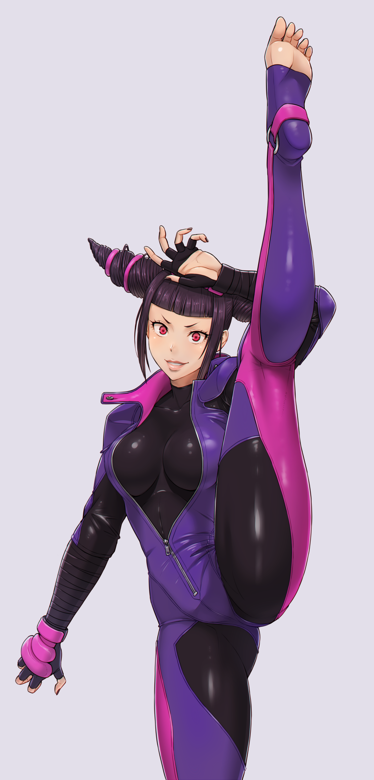 1girl arm_up barefoot black_gloves black_hair black_nails blunt_bangs bodysuit bodysuit_under_clothes capcom drill_hair feet female_focus fingerless_gloves gloves grey_background han_juri highres latex leg_up long_hair looking_at_viewer nail_polish nigou no_shoes partially_unzipped plantar_flexion purple_eyes sanpaku shiny_clothes short_hair sidelocks simple_background skin_tight soles solo split standing standing_on_one_leg standing_split street_fighter street_fighter_v toeless_legwear toes twin_drills v-shaped_eyebrows zipper