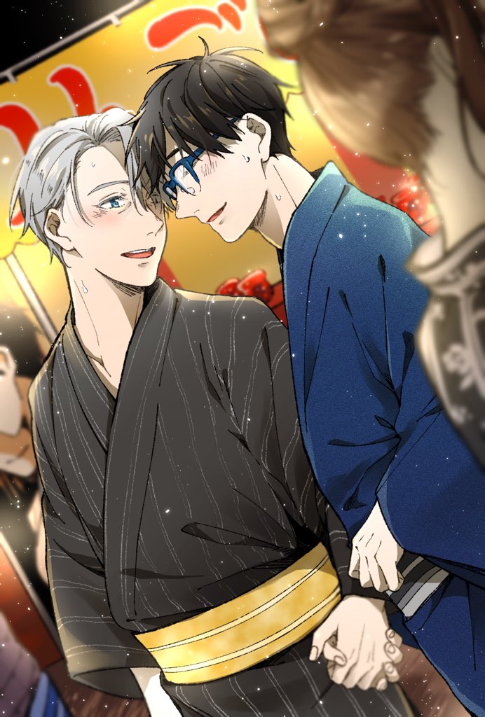 1girl 3boys banner black_hair black_kimono blue-framed_eyewear blue_eyes blue_kimono blurry blush brown_hair closed_eyes depth_of_field dutch_angle fingernails glasses japanese_clothes katsuki_yuuri kimono long_sleeves looking_to_the_side male_focus market_stall multiple_boys multiple_girls night obi open_mouth outdoors over-rim_eyewear own_hands_together people sash semi-rimless_eyewear short_hair smile striped_clothes striped_kimono sweat tadano_yukiko teeth updo upper_body upper_teeth_only vertical-striped_clothes vertical-striped_kimono viktor_nikiforov white_hair wide_sleeves yellow_sash yuri!!!_on_ice