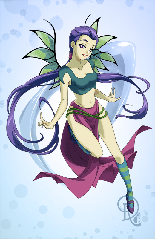 1girl breasts cleavage crop_top drachea_rannak eyeliner female_focus full_body groin hair_tubes hay_lin kneehighs lipstick makeup navel pelvic_curtain purple_eyes purple_hair red_lips smile socks solo twintails w.i.t.c.h. watermark wings