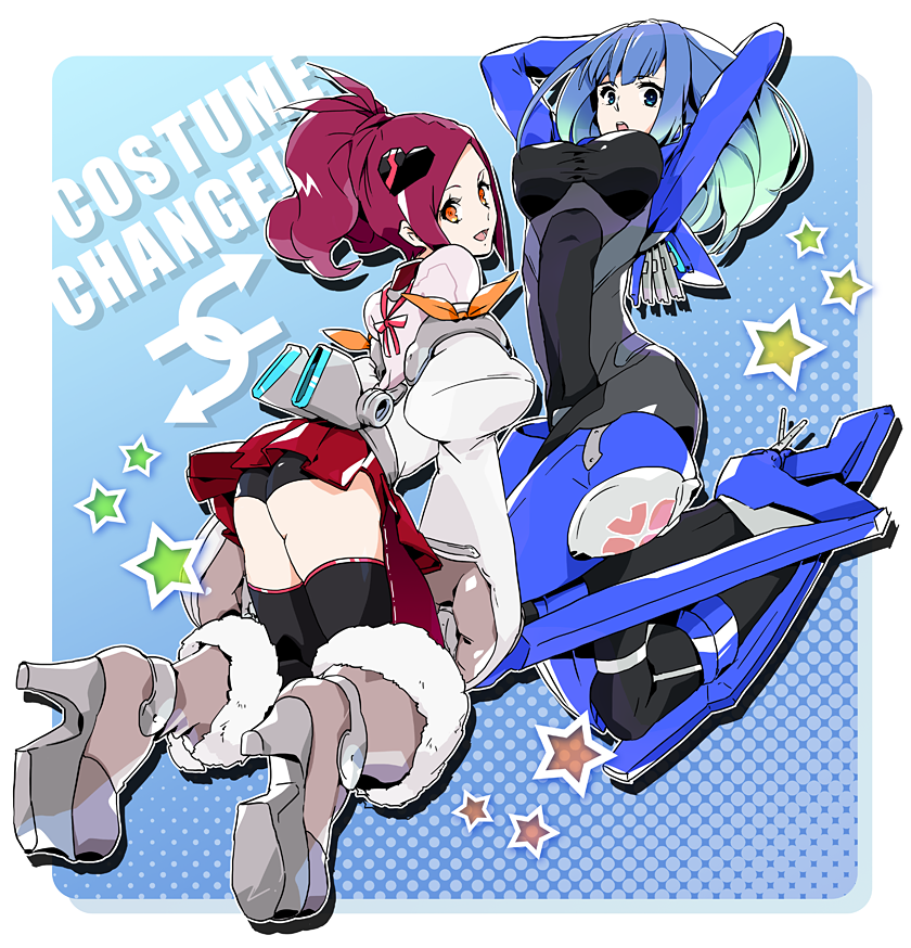 2girls arms_up ass back blue_eyes blue_hair bodysuit boots breasts capcom cosplay costume_switch e.x._troopers high_heel_boots high_heels juli_(e.x._troopers) kana_toco large_breasts long_hair lost_planet mecha_pilot_suit multicolored_hair multiple_girls orange_eyes panties pantyshot plugsuit_(evangelion) ponytail red_hair sidelocks skirt thighhighs thighs tiki_(e.x._troopers) underwear wide_sleeves