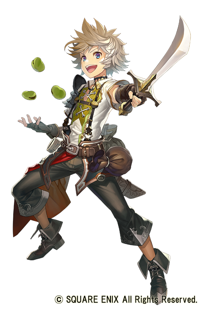 1boy beans black_pants blue_eyes copyright_notice fingerless_gloves full_body gaou_(umaiyo_puyoman) gloves grey_hair grimms_notes holding holding_sword holding_weapon jack_(grimms_notes) male_focus open_mouth pants short_hair simple_background sword weapon white_background