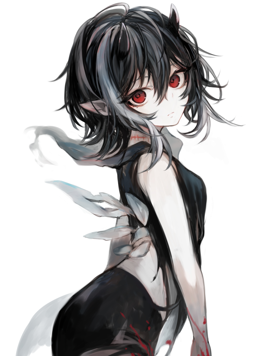1girl black_hair blood blood_on_clothes blood_on_hands blood_splatter breasts demon demon_girl expressionless eyelashes from_side grey_hair hair_between_eyes hasunokaeru highres horns looking_at_viewer low_wings multicolored_hair original pale_skin pointy_ears scar scar_on_neck short_hair small_breasts solo streaked_hair torn_clothes two-tone_hair upper_body white_background wings