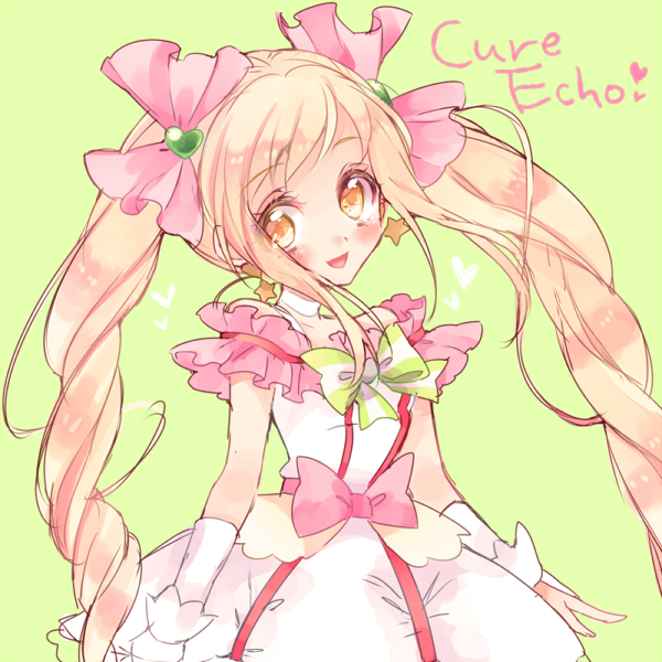 1girl blonde_hair bow character_name choker cure_echo earrings female_focus frills green_background hair_ornament hair_ribbon heart heart_hair_ornament jewelry long_hair looking_at_viewer magical_girl pink_bow pink_ribbon precure precure_all_stars precure_all_stars_new_stage:_mirai_no_tomodachi ribbon sakagami_ayumi skirt smile solo star_(symbol) star_earrings striped_bow twintails upper_body uzuki_aki waist_bow white_choker white_skirt wrist_cuffs yellow_eyes