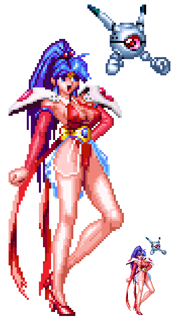 1990s_(style) ball_boy blue_hair breasts choujin_gakuen_gowcaizer cleavage game high_heels hishizaki_shaia_(gowcaizer) pixel_art ponytail retro_artstyle ribbon robot shoulder_pads sideboob
