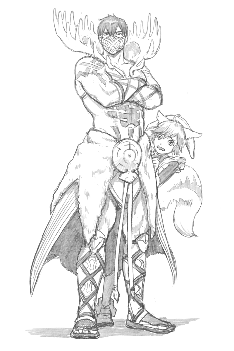 1boy 1girl animal_ears antlers brother_and_sister crossed_arms eikthyrnir_(fire_emblem) fire_emblem fire_emblem_heroes graphite_(medium) hiding hiding_behind_another highres horns looking_at_viewer mask monochrome mouth_mask muscular muscular_male nintendo ratatoskr_(fire_emblem) scared short_hair siblings squirrel_ears squirrel_girl squirrel_tail tail traditional_media vetsa wavy_mouth