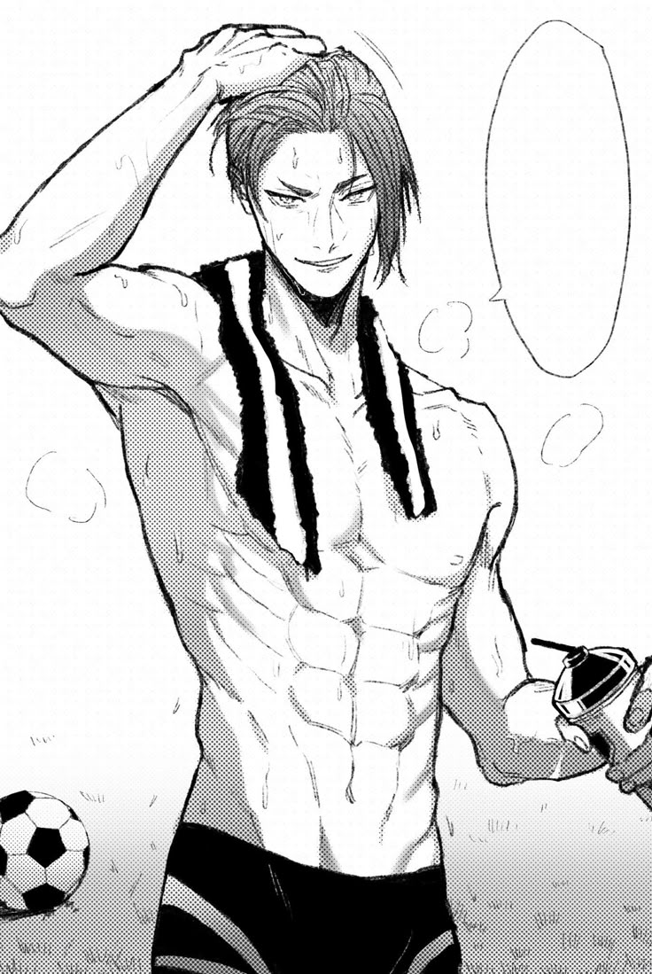 1boy armpits blue_lock blue_lock_uniform looking_at_viewer male_focus mikage_reo monochrome muscular muscular_male short_hair simple_background smile sweat topless_male