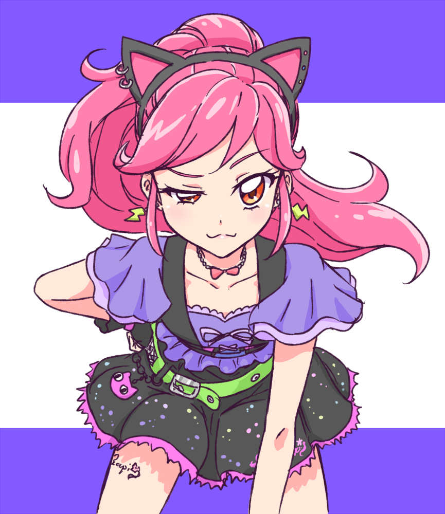 aikatsu!_(series) kuroroku looking_at_viewer orange_eyes otoshiro_seira ponytail purple_background red_hair two-tone_background