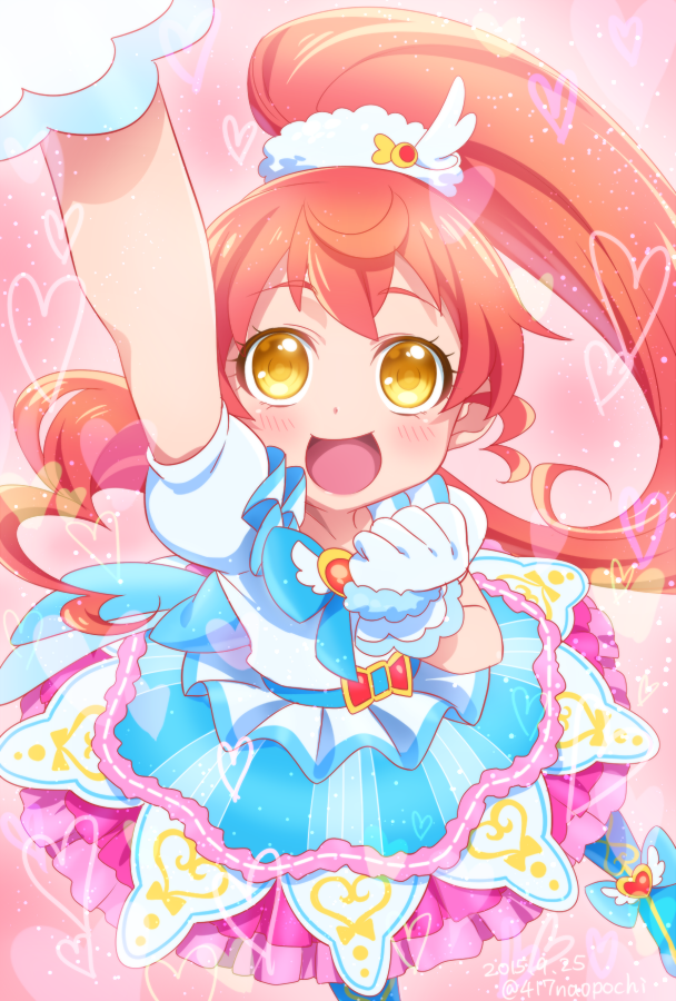 0417nao :d arm_up blue_bow blue_bowtie bow bowtie dress frills gloves hair_ornament heart high_ponytail idol_clothes looking_at_viewer open_mouth ponytail pretty_series pripara puffy_short_sleeves puffy_sleeves red_background red_hair shiratama_mikan short_sleeves sidelocks smile solo white_dress white_gloves wing_hair_ornament yellow_eyes