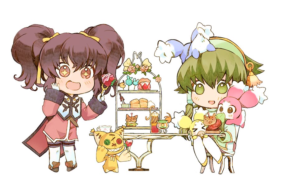 1boy 1girl anise_tatlin black_hair boots brown_eyes cheagle chibi commentary_request creature dress eating food fork full_body gloves green_eyes green_hair green_hairband green_robe hair_ribbon hairband holding holding_fork holding_plate ion_(tales) light_blush long_hair long_sleeves mada_nemu_i on_chair open_mouth pink_dress plate ribbon robe short_hair_with_long_locks sidelocks sitting sparkling_eyes standing stuffed_toy table tales_of_(series) tales_of_the_abyss thigh_boots tokunaga_(tales) twintails white_background white_footwear white_gloves yellow_ribbon
