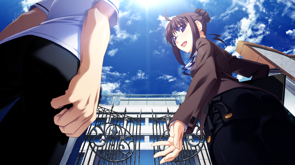 1boy 1girl :d ahoge arms_at_sides ascot ass black_pants blue_sky brown_hair brown_jacket building cloud day denim folder from_below fumio_(ura_fmo) game_cg gate glasses grisaia_(series) grisaia_no_kajitsu hair_bun holding holding_folder jacket jeans kazami_yuuji long_sleeves looking_at_another non-web_source open_gate open_mouth outdoors pants red_eyes rimless_eyewear school school_uniform shirt short_hair short_hair_with_long_locks sidelocks sky smile standing tachibana_chizuru_(grisaia) white_ascot white_shirt
