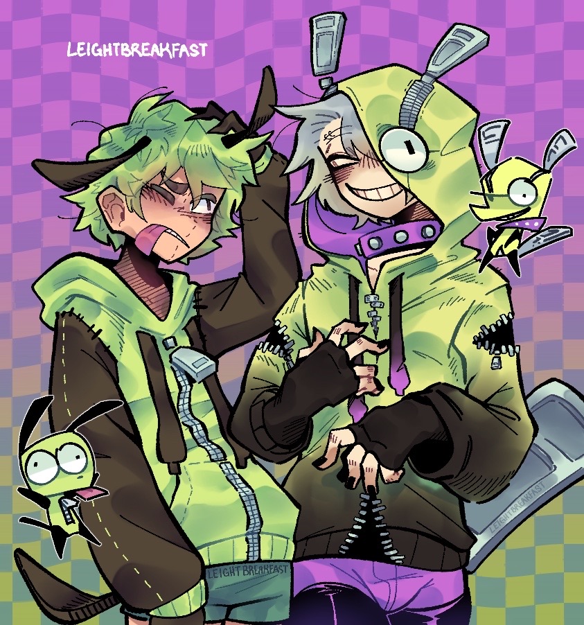 2boys beatnikbohe chuck_(psg) color_connection crossover gir_(dog_costume)_(invader_zim) gir_(invader_zim) hood hood_up humanization invader_zim looking_at_viewer multiple_boys open_mouth pants panty_&amp;_stocking_with_garterbelt personification short_hair sweater zipper