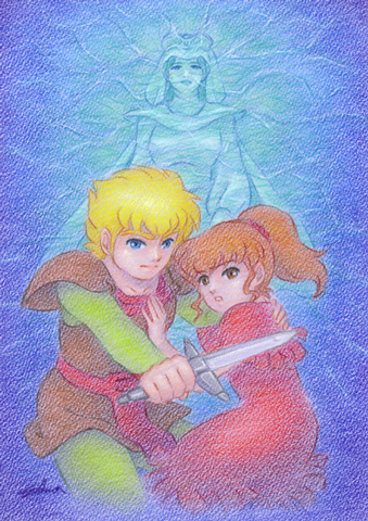 1980s_(style) 1boy 2girls blonde_hair blue_eyes brown_eyes brown_hair chururu dagger emma_hasegawa felia_vorder frozen hand_on_back hand_on_own_chest jordy_vorder kikou-kai_galient knife lowres mother_and_son multiple_girls retro_artstyle retro_artstyle weapon