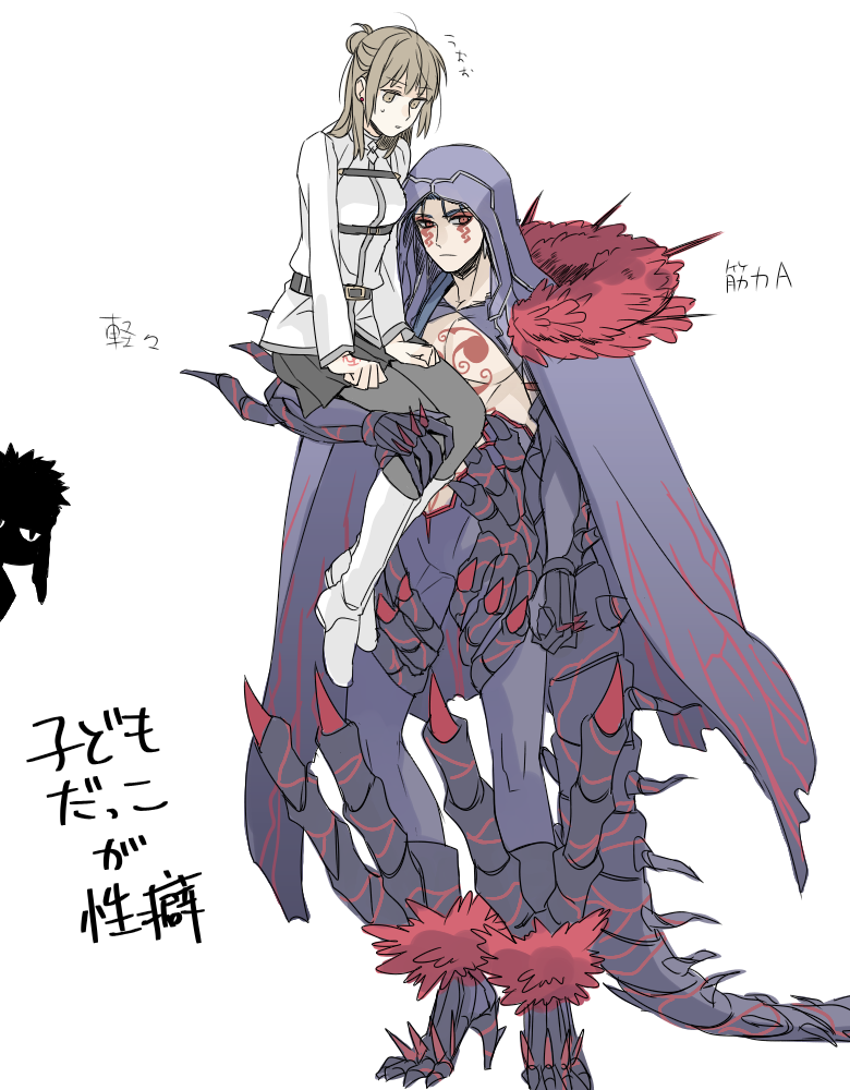 1girl 2boys angra_mainyu_(fate) black_pantyhose blue_hair boots breasts brown_eyes brown_hair cape carrying chaldea_uniform chest_tattoo commentary_request cu_chulainn_(fate) cu_chulainn_alter_(fate) cu_chulainn_alter_(third_ascension)_(fate) facial_tattoo fate/grand_order fate_(series) fur-trimmed_cape fur_trim hair_bun half_updo hood knee_boots medium_breasts miniskirt multiple_boys original pantyhose pleated_skirt red_eyes shibakou silhouette single_hair_bun skirt spikes tail tattoo translation_request white_footwear