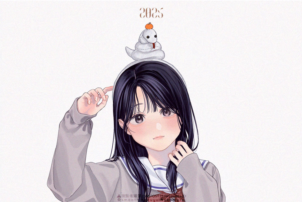 1girl 2025 black_hair blush cardigan chinese_zodiac food fruit grey_eyes long_hair looking_at_viewer mandarin_orange nakamura_kuzuyu new_year original sailor_collar simple_background solo stuffed_snake upper_body white_background year_of_the_snake