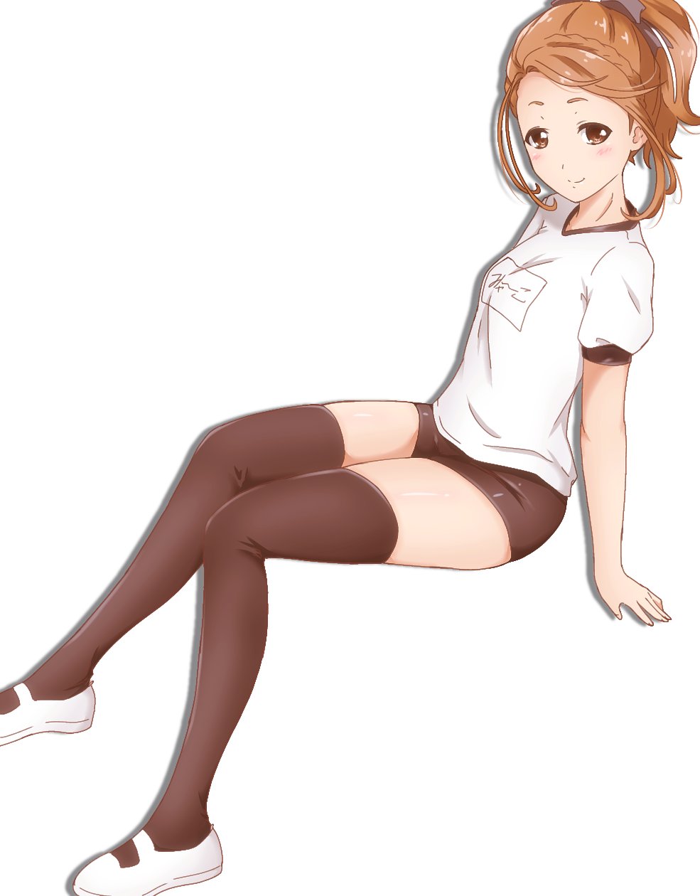 1girl 22/7 black_ribbon black_shorts black_thighhighs blush braid brown_eyes brown_hair closed_mouth full_body gym_shirt gym_uniform hair_ribbon high_ponytail highres hitorilily kono_miyako looking_to_the_side name_tag ponytail ribbon shirt shoes short_sleeves shorts simple_background single_braid sitting smile solo thighhighs uwabaki white_background white_ribbon white_shirt white_shoes