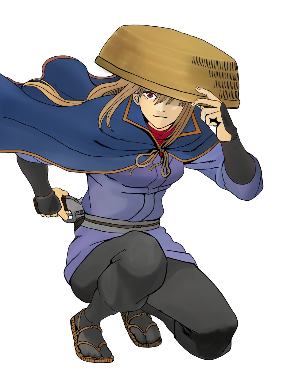 1girl blonde_hair female_focus gintama gun handgun highres mutsu_(gintama) red_eyes revolver sandogasa smile solo sorachi_hideaki weapon