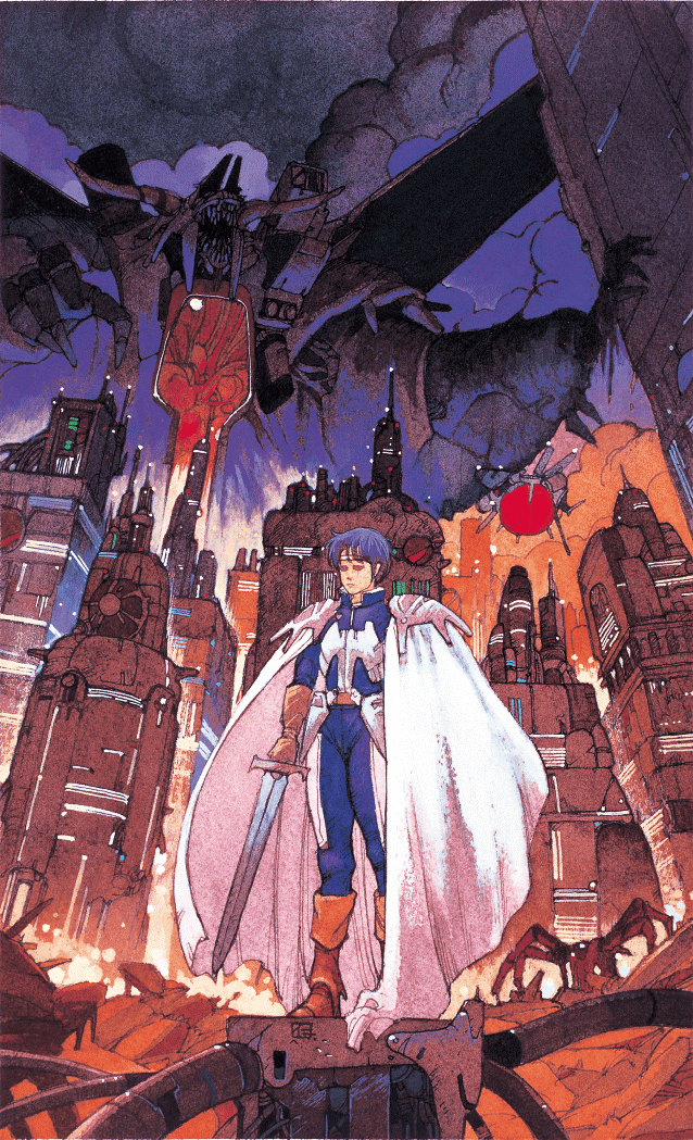 1boy armor belt blue_hair boots box_art brown_boots building cable cape city cityscape cloud debris drone dust dust_cloud eusis_landale fantasy full_body giant giant_monster gloves headband headpiece holding holding_sword holding_weapon knight machinery male_focus monster official_art phantasy_star phantasy_star_ii production_art ruins science_fiction signature solo spacecraft standing sword weapon window yoneda_hitoshi
