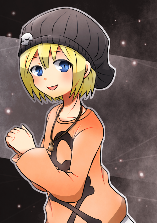 1girl bell bito_raimu black_hat blonde_hair blue_eyes blush female_focus grey_background hands_up hat hat_ornament jewelry long_sleeves looking_at_viewer necklace open_mouth short_hair simple_background skullcap solo standing subarashiki_kono_sekai tokusa403 upper_body