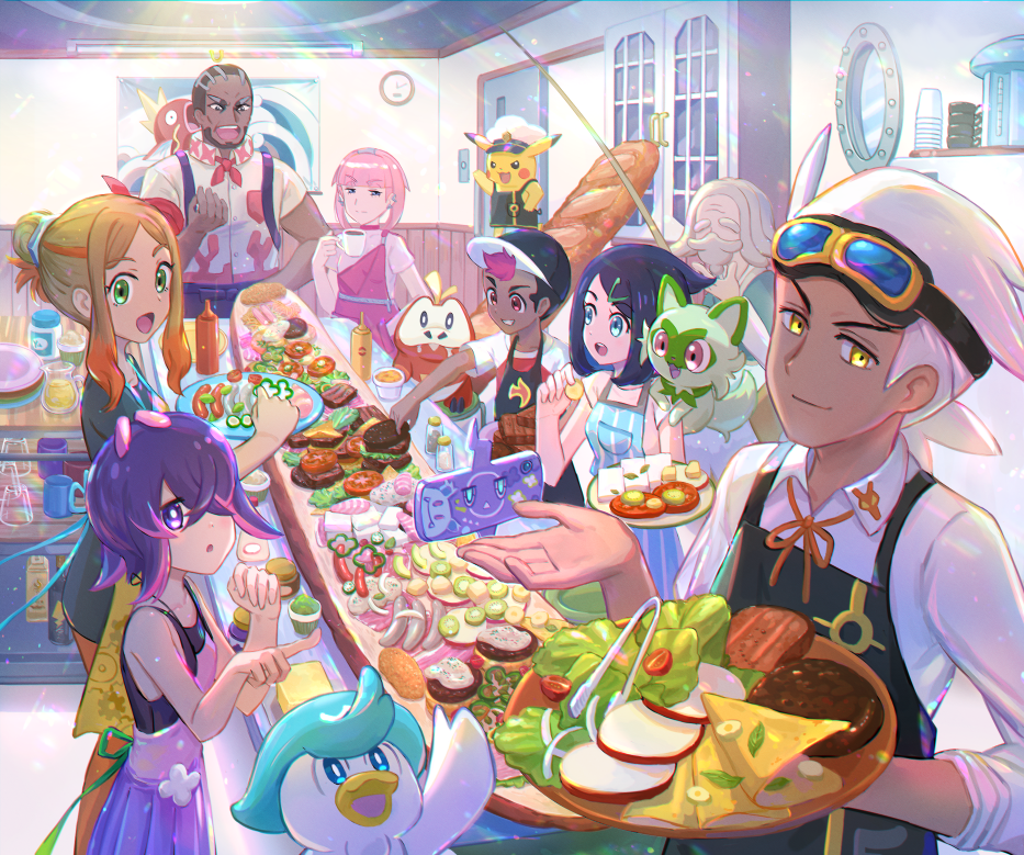 4boys 4girls :d apron beard black_apron black_hair black_hat captain_pikachu character_print collared_shirt commentary_request cowlick cup dark-skinned_male dark_skin dot_(pokemon) facial_hair food friede_(pokemon) fuecoco gen_1_pokemon gen_4_pokemon goggles goggles_on_head green_eyes hair_ornament hair_over_one_eye hairclip hand_up hat holding holding_cup indoors kutsunohito lettuce liko_(pokemon) ludlow_(pokemon) magikarp mollie_(pokemon) multiple_boys multiple_girls murdock_(pokemon) nintendo on_shoulder open_mouth orla_(pokemon) parted_bangs pikachu pink_hair pointing pokemon pokemon_(anime) pokemon_(creature) pokemon_horizons pokemon_on_shoulder purple_hair quaxly rotom rotom_phone roy_(pokemon) shirt sidelocks smile sprigatito tomato tomato_slice white_hair white_hat white_shirt