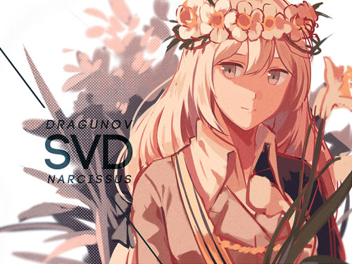 1girl black_jacket dragunov_svd dress flower girls&#039;_frontline gun jacket long_hair lowres rifle silence_girl sniper_rifle svd_(girls&#039;_frontline) weapon white_hair