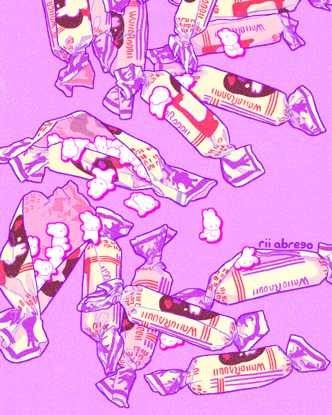 animal candy candy_wrapper color_variation commentary cropped downscaled english_commentary film_grain food lying minimized no_humans no_mouth original outline paid_reward_available pile pink_eyes pink_outline purple_background purple_outline purple_theme rabbit resized rii_abrego signature simple_background sitting solid_eyes sweets upside-down white_fur white_rabbit_(animal) wrapped_candy