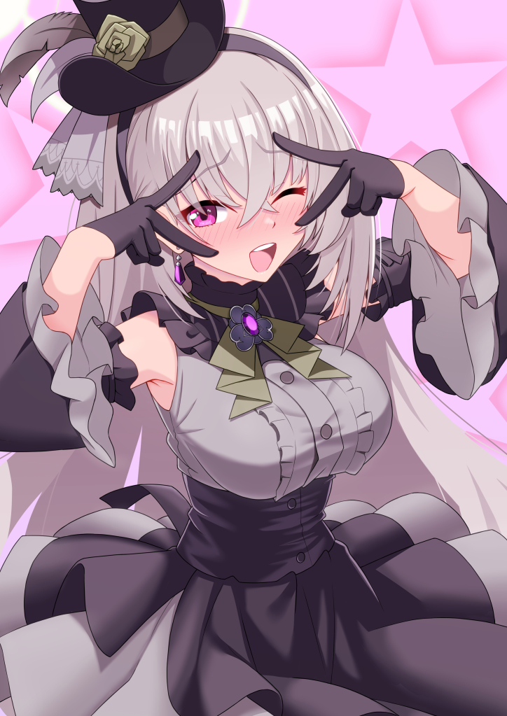 1girl ascot black_gloves blue_archive crossed_bangs detached_sleeves double_inward_v double_v dress flower flower_hat gloves green_ascot green_flower green_rose grey_dress grey_hair half_gloves halo hat idol idol_clothes iseshi long_hair looking_at_viewer mini_hat mini_top_hat official_alternate_costume one_eye_closed rose sakurako_(blue_archive) sakurako_(idol)_(blue_archive) smile solo top_hat v v_over_eye yellow_halo