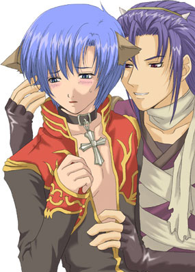 2boys animal_ears assassin_(ragnarok_online) bandages bandages_over_clothes black_coat blue_eyes blush cat_boy cat_ears coat commentary_request cone_horns cross cross_necklace fake_horns feliciel gold_trim horns jewelry long_sleeves looking_at_another lowres male_focus multicolored_coat multiple_boys necklace open_mouth priest_(ragnarok_online) purple_eyes purple_hair purple_shirt ragnarok_online red_coat shirt short_hair simple_background small_horns two-tone_coat upper_body white_background yaoi