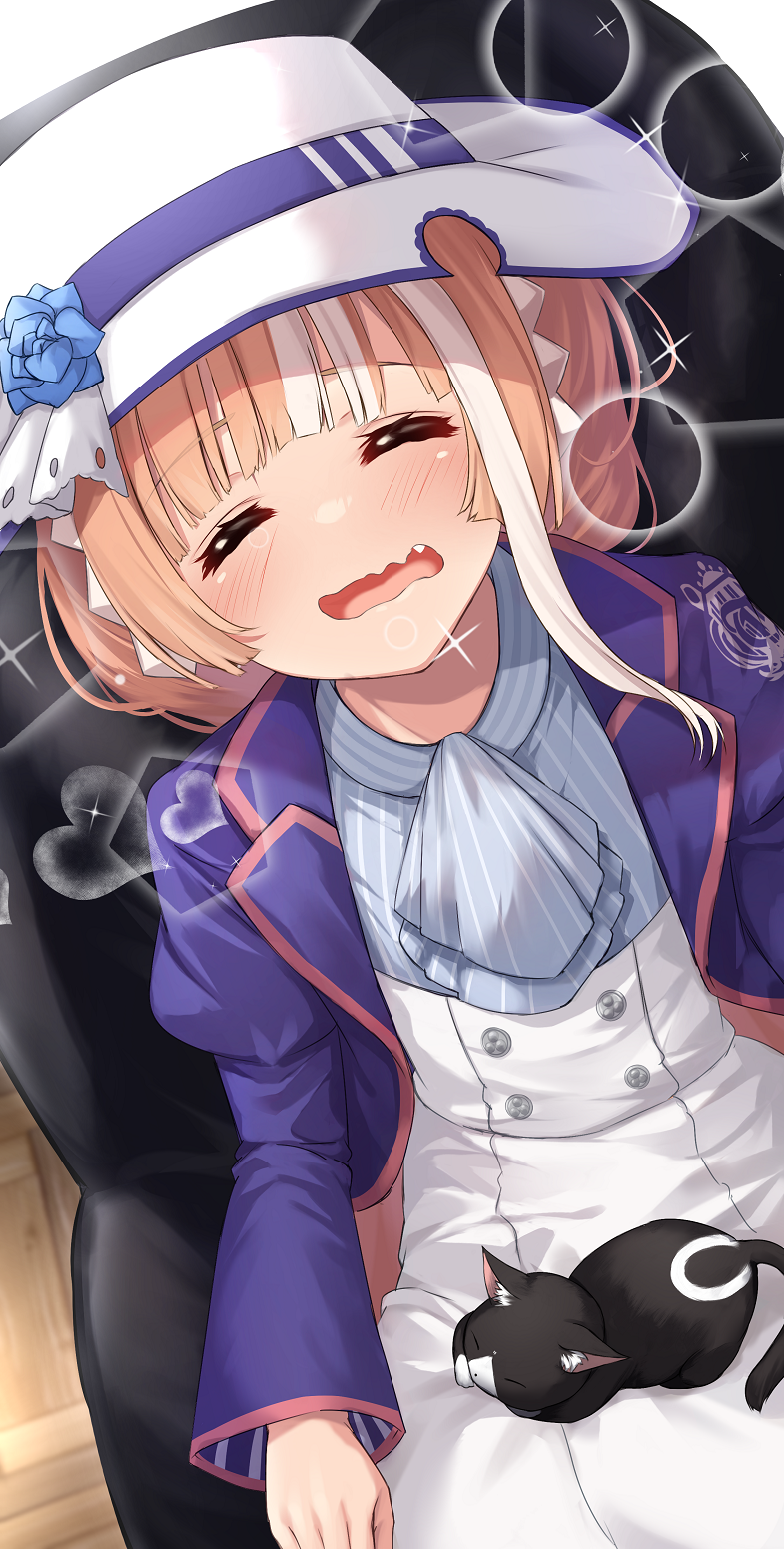 1girl akikawa_yayoi_(umamusume) animal animal_on_lap ascot blue_ascot blue_flower blue_rose blunt_bangs cat cat_on_lap chair closed_eyes commentary_request cropped_jacket fang flower from_above hat hat_flower hat_ribbon high-waist_skirt highres jacket long_sleeves massage_chair merxkialis multicolored_hair on_lap orange_hair purple_jacket purple_ribbon ribbon rose single_sidelock sitting skirt solo streaked_hair sun_hat torogao two-tone_hair umamusume white_hair white_hat white_skirt wooden_floor