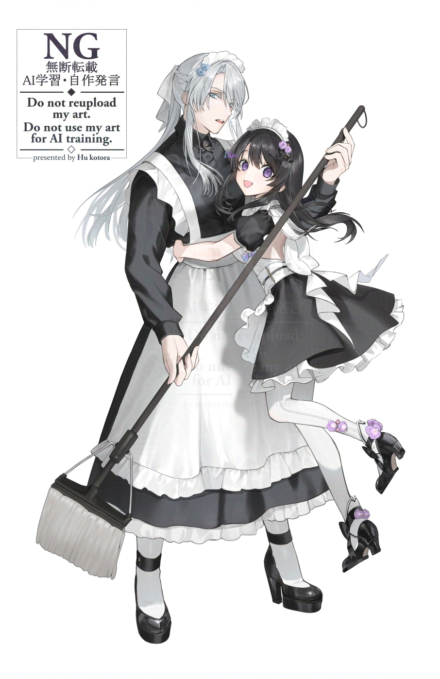1boy 1girl :d apron black_dress black_hair black_shoes blue_eyes blue_flower braid commentary_request crossdressing dress english_text flower frilled_apron frilled_dress frills grey_hair hair_flower hair_ornament high_heels highres holding holding_mop hu_kotora long_hair maid maid_headdress male_maid mop open_mouth original pantyhose pink_flower ponytail puffy_short_sleeves puffy_sleeves purple_eyes shoes short_sleeves simple_background smile standing very_long_hair watermark white_apron white_background white_pantyhose