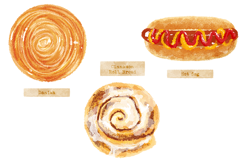cinnamon_roll danish_pastry food food_focus food_name hot_dog hot_dog_bun ketchup mustard no_humans original pastry sakurako_shinya sausage transparent_background