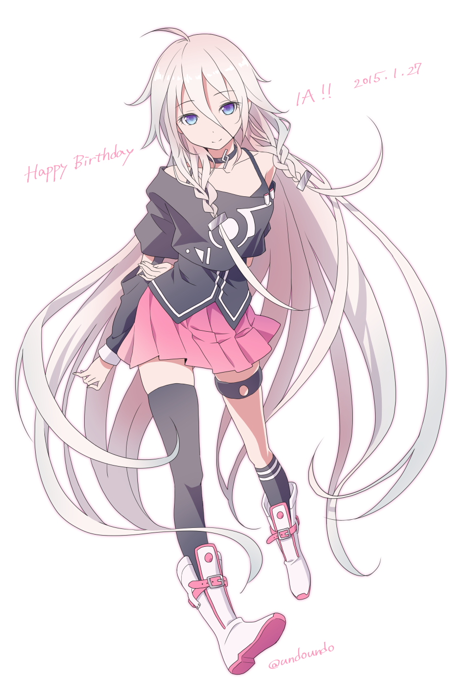 1girl 2015 ahoge arms_behind_back asymmetrical_legwear black_shirt black_socks blue_eyes boots character_name choker closed_mouth collarbone dated female_focus floating_hair full_body hair_between_eyes happy_birthday highres ia_(vocaloid) kirita_asami kneehighs leaning_forward long_hair long_sleeves miniskirt pink_skirt pleated_skirt shirt silver_hair simple_background single_kneehigh single_sock single_thighhigh skirt smile socks solo standing thigh_strap thighhighs twitter_username uneven_legwear very_long_hair vocaloid white_background white_boots