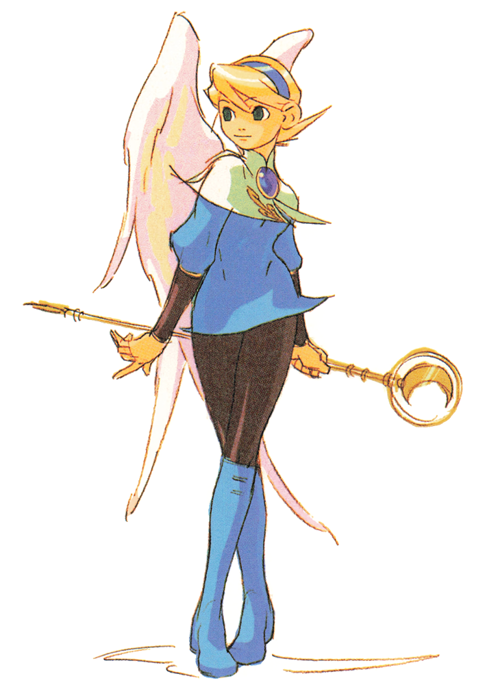 1990s_(style) 1girl blonde_hair blue_boots boots breath_of_fire breath_of_fire_iv brooch feathered_wings full_body green_hair hairband jewelry knee_boots long_sleeves nina_(breath_of_fire_iv) non-web_source official_art pantyhose pink_wings retro_artstyle scan short_hair simple_background solo staff standing white_background white_wings wings yoshikawa_tatsuya