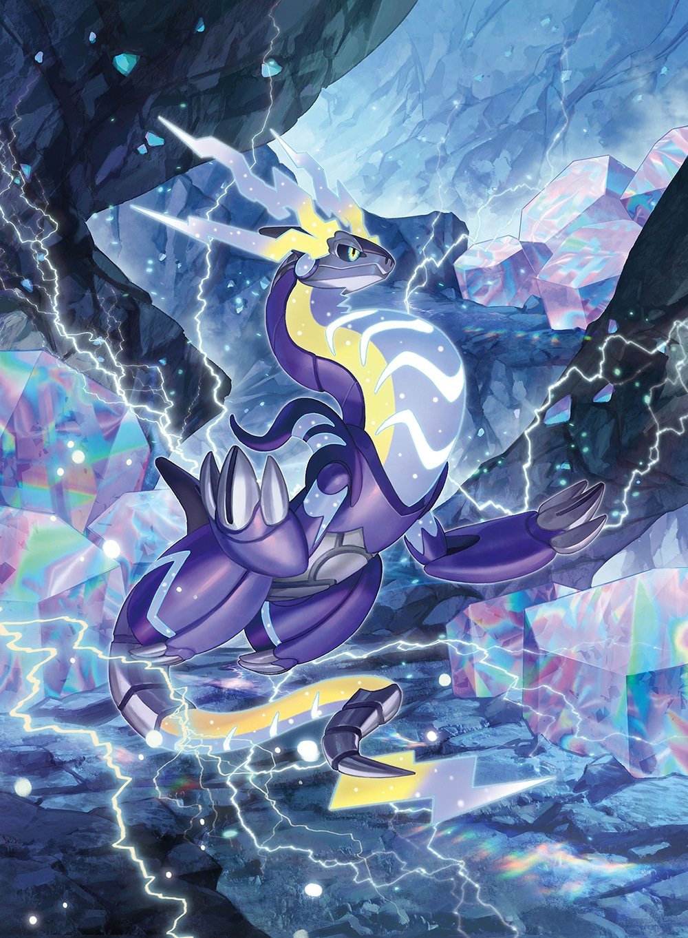 animal_focus black_sclera blue_eyes cave claws closed_mouth colored_sclera crystal electricity floating full_body highres miraidon multicolored_eyes murayama_ryota nintendo no_humans official_art official_style pokemon pokemon_(creature) rock slit_pupils solo third-party_source yellow_eyes