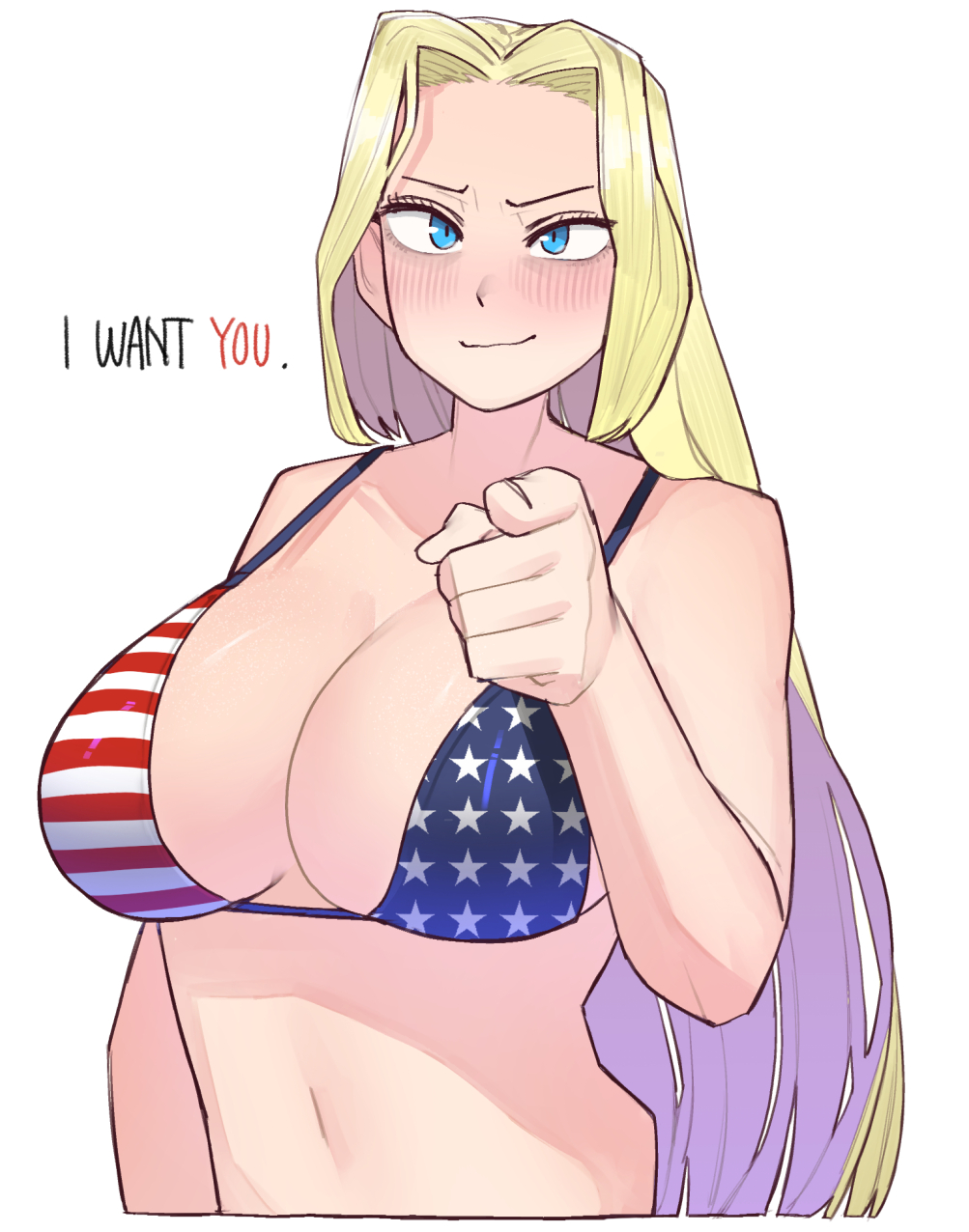1girl america_(ohasi) american_flag american_flag_bikini american_flag_print bikini blonde_hair blue_eyes blush body_blush breasts cleavage collarbone english_text female_focus flag_print flag_print_bikini highres i_want_you large_breasts long_hair looking_at_viewer navel ohasi open_mouth original parted_bangs pointing pointing_at_viewer poster_parody print_bikini simple_background smile solo standing swimsuit very_long_hair white_background