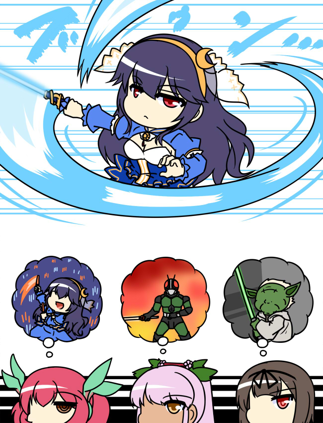 4girls breasts cleavage comic dark_skin dark-skinned_female flower flower_knight_girl fujibakama_(flower_knight_girl) glowstick hagi_(flower_knight_girl) hair_flower hair_ornament holding holding_sword holding_weapon jitome kamen_rider kamen_rider_black_rx kamen_rider_black_rx_(series) long_hair multiple_girls parody star_wars sword thinking tsukitoji_(flower_knight_girl) tsuyukusa_(flower_knight_girl) urushi veil weapon yoda