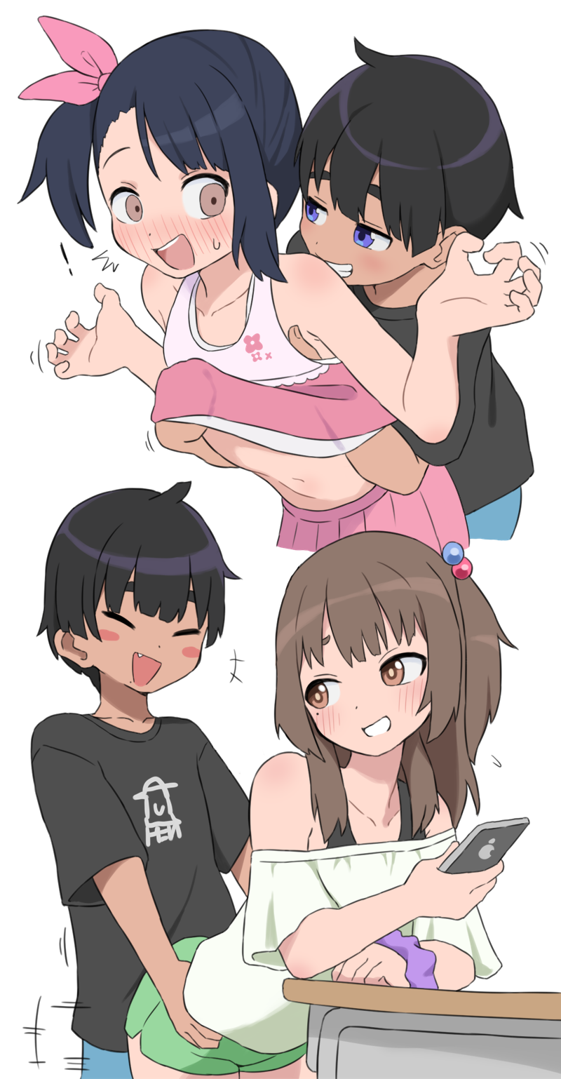 3girls :d age_difference black_hair black_shirt blush_stickers breasts bubukka cellphone closed_eyes desk dot_nose dry_humping fang grabbing_another&#039;s_breast green_shorts grin groping hair_bobbles hair_ornament hand_under_clothes highres humping kodomo_doushi loli looking_back mikan_(bubukka) mole mole_under_eye mole_under_mouth molestation multiple_girls naughty_face navel one_side_up onee-loli open_mouth original phone reverse_trap school_desk scrunchie sexually_suggestive shirt short_hair short_shorts shorts side_ponytail simple_background small_breasts smartphone smile surprised t-shirt tachibana_momoka_(bubukka) through_clothes tomboy uri_(bubukka) white_background wrist_scrunchie yuri