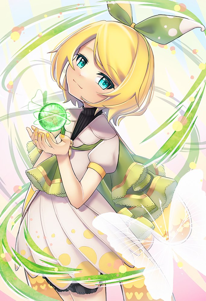 1girl :3 aqua_eyes ataraii_moyasi black_shirt blonde_hair bow bug butterfly capelet closed_mouth commentary cowboy_shot dress glowing_butterfly green_bow green_capelet hair_bow hands_up head_tilt holding insect kagamine_rin lace-trimmed_capelet lace_trim looking_at_viewer magical_mirai_(vocaloid) magical_mirai_rin magical_mirai_rin_(2021) nail_polish orb shirt short_hair smile solo standing vocaloid white_dress yellow_nails