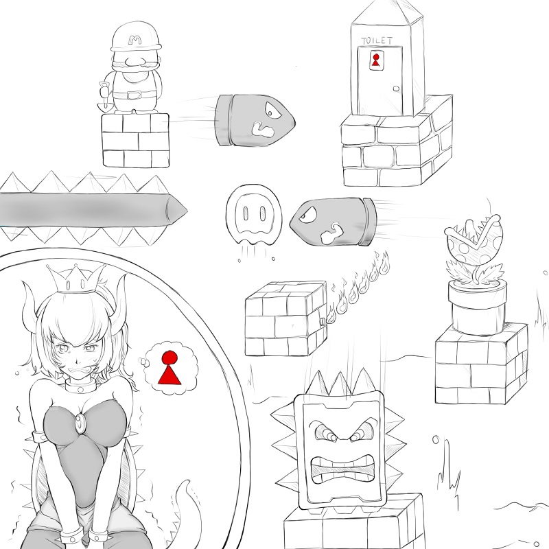 1boy 1girl armlet bare_shoulders belt blush bowsette bracelet breasts bullet_bill cleavage clenched_teeth collar crown door dress english_text faceless faceless_male facial_hair full_body greyscale hat have_to_pee holding horns jewelry large_breasts lava_bubble mario mario_(series) monochrome motion_lines mustache new_super_mario_bros._u_deluxe nintendo open_mouth piranha_plant plant ponytail potted_plant sharp_teeth shovel speech_bubble spiked_armlet spiked_bracelet spikes spot_color standing strapless strapless_dress super_crown sweat tail teeth thought_bubble thwomp tongue toudo_no_kaeru trembling uneven_eyes v_arms