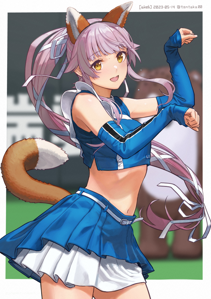 1girl alternate_costume animal_ears blue_shirt blue_skirt bokukawauso brown_eyes cheerleader commission cowboy_shot crop_top dated detached_sleeves fox_ears fox_tail hair_ribbon hokkaido_nippon-ham_fighters kantai_collection kitsune_dance layered_skirt long_hair mascot nippon_professional_baseball otter paw_pose pink_hair ponytail revision ribbon shirt skeb_commission skirt sleeveless sleeveless_shirt solo tail tantaka twitter_username yura_(kancolle)
