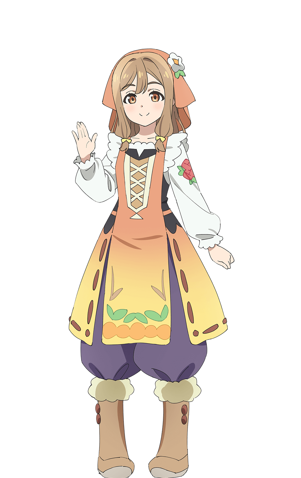 1girl apron bonnet boots brown_boots brown_hair collarbone double-parted_bangs full_body fur-trimmed_boots fur_trim genjitsu_no_yohane hair_intakes hanamaru_(genjitsu_no_yohane) highres kunikida_hanamaru long_hair long_sleeves love_live! love_live!_sunshine!! low-tied_sidelocks official_art orange_apron orange_bonnet orange_eyes pants puffy_pants purple_pants shirt sidelocks simple_background smile solo standing tachi-e transparent_background white_shirt