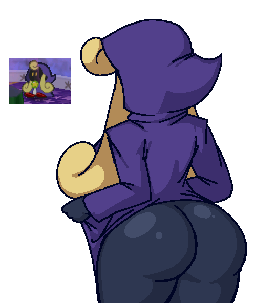 1girl ass bad_id bad_newgrounds_id black_skin blonde_hair blue_skin clothes_lift colored_skin cowboy_shot curly_hair dress dress_lift from_behind hood hood_up long_hair mario_(series) merluvlee nintendo paper_mario paper_mario_64 reference_inset robe_lift royalmilk20 solo white_background