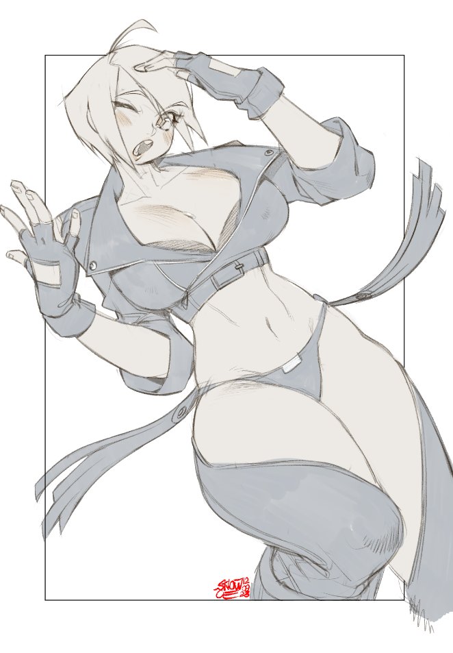 angel_(kof) backless_pants breasts crop_top fingerless_gloves gloves hair_over_one_eye jacket large_breasts leather leather_jacket pants snk snowcie the_king_of_fighters the_king_of_fighters_xiv