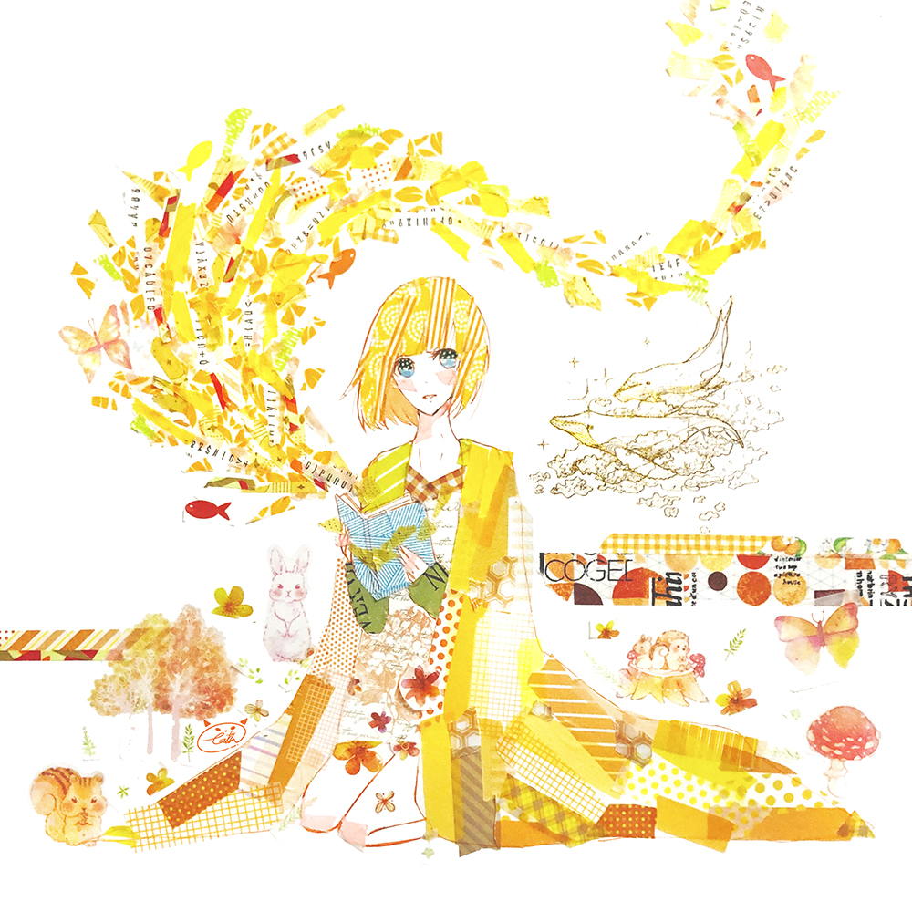 1girl abstract aqua_eyes blonde_hair blunt_bangs blush bob_cut book cathinthecloud chipmunk commentary english_commentary fly_agaric full_body hedgehog holding holding_book invisible_floor kneeling looking_at_viewer masking_tape_(medium) mixed_media mushroom open_book original parted_lips rabbit short_hair signature sleeves_past_wrists smile solo squirrel traditional_media tree_stump unconventional_media white_background yellow_cloak