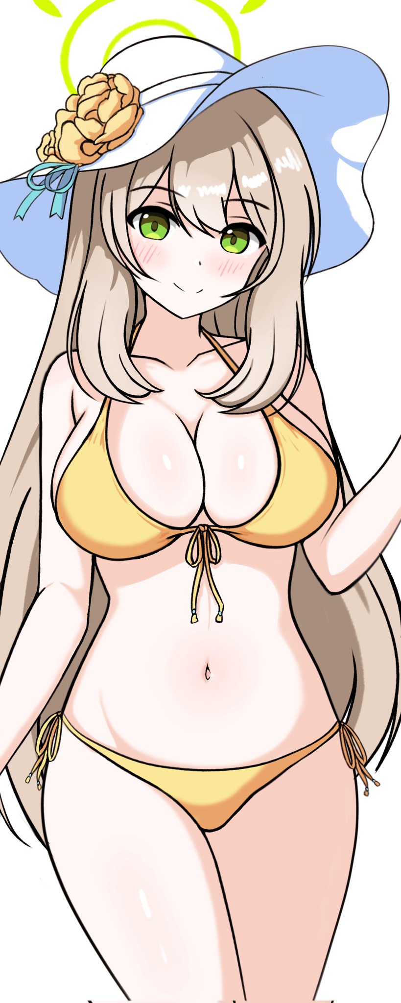 1girl bare_arms bare_shoulders bikini blue_archive blush breasts brown_hair cleavage closed_mouth collarbone commentary flower front-tie_bikini_top front-tie_top green_eyes hair_between_eyes halo hat hat_flower highres io9 korean_commentary large_breasts long_hair navel nonomi_(blue_archive) nonomi_(swimsuit)_(blue_archive) side-tie_bikini_bottom simple_background smile solo swimsuit very_long_hair white_background white_hat yellow_bikini yellow_flower