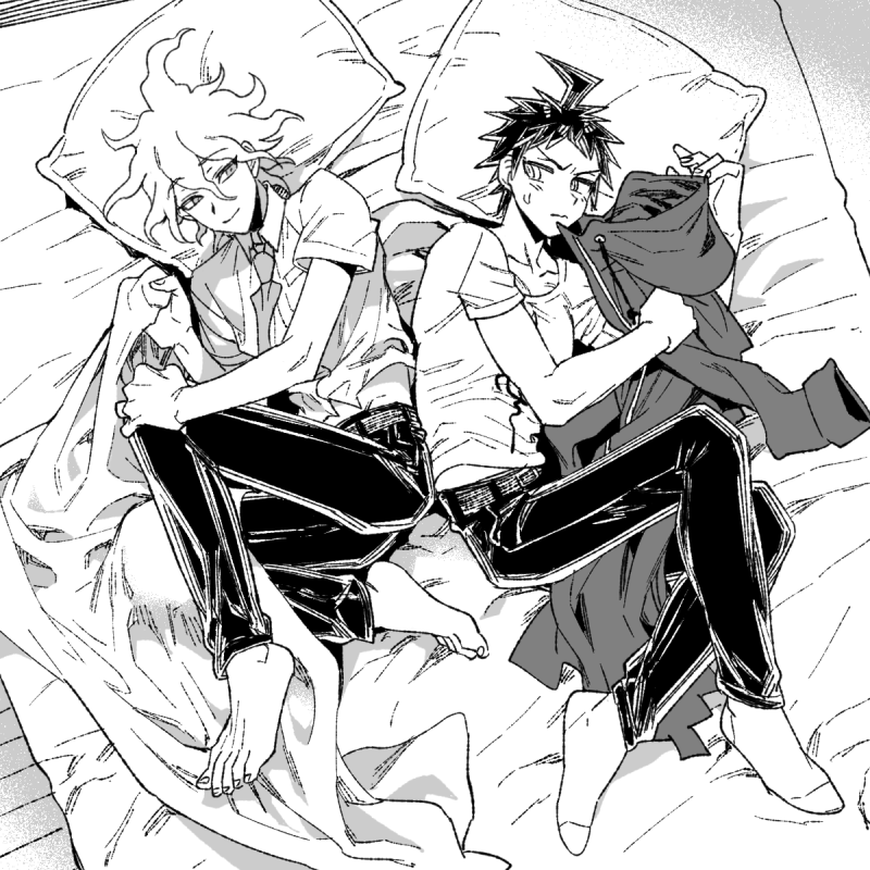 2boys ahoge barefoot bed collarbone cosplay costume_switch danganronpa_(series) danganronpa_2:_goodbye_despair hinata_hajime hinata_hajime_(cosplay) holding holding_jacket holding_unworn_clothes indoors jacket komaeda_nagito komaeda_nagito_(cosplay) lying male_focus messy_hair multiple_boys necktie on_side pants print_shirt shirt short_sleeves smile socks unworn_jacket uurin