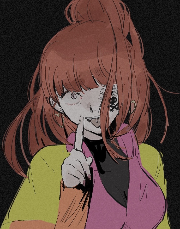 1girl blunt_bangs corruption dark_persona earrings gnosia heart heart_earrings high_ponytail jewelry long_hair long_sleeves looking_at_viewer ponytail red_hair sema_(vivaviva_02) skull_tattoo solo sq_(gnosia) tattoo tongue tongue_out upper_body