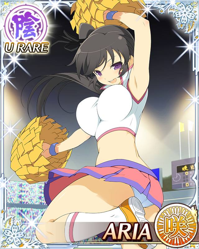 1girl ankle_socks aria_(senran_kagura) arm_up armpits ass audience black_hair black_ribbon border breasts card_(medium) character_name cheering cheerleader crop_top english_text from_behind game_cg hair_ribbon high_side_ponytail holding holding_pom_poms large_breasts long_hair looking_at_viewer looking_back midriff miniskirt official_alternate_costume official_art open_mouth panties pink_skirt pom_pom_(cheerleading) pom_poms purple_eyes ribbon senran_kagura senran_kagura_new_wave skirt smile socks solo underwear