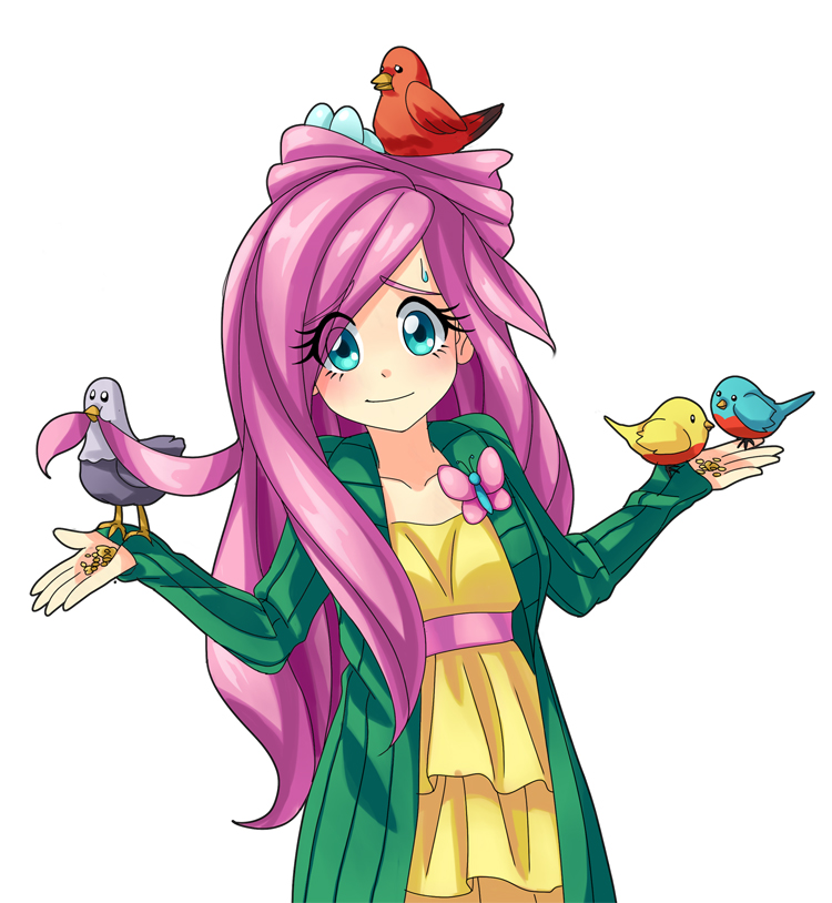 1girl animal bird blush bug butterfly cardigan collarbone dress egg female_focus fluttershy green_eyes insect looking_at_viewer mouth_hold my_little_pony my_little_pony:_friendship_is_magic nest personification pink_hair semehammer shrugging simple_background smile solo sundress sweatdrop tareme white_background